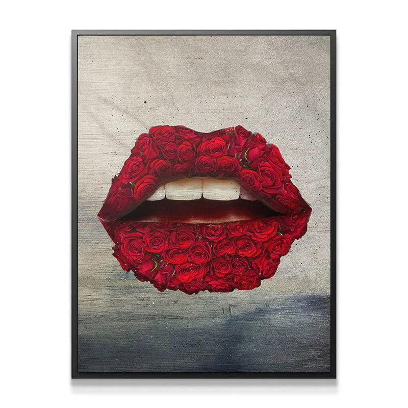 Full view of the stunning 'Rose Lips' canvas art displayed prominently in a contemporary living room setting.
