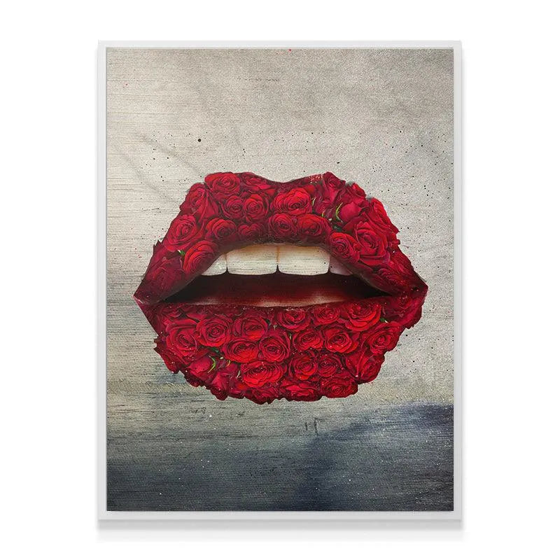 Macro shot detailing the individual petals and dense clusters of roses forming the shape of the 'Rose Lips' artwork.