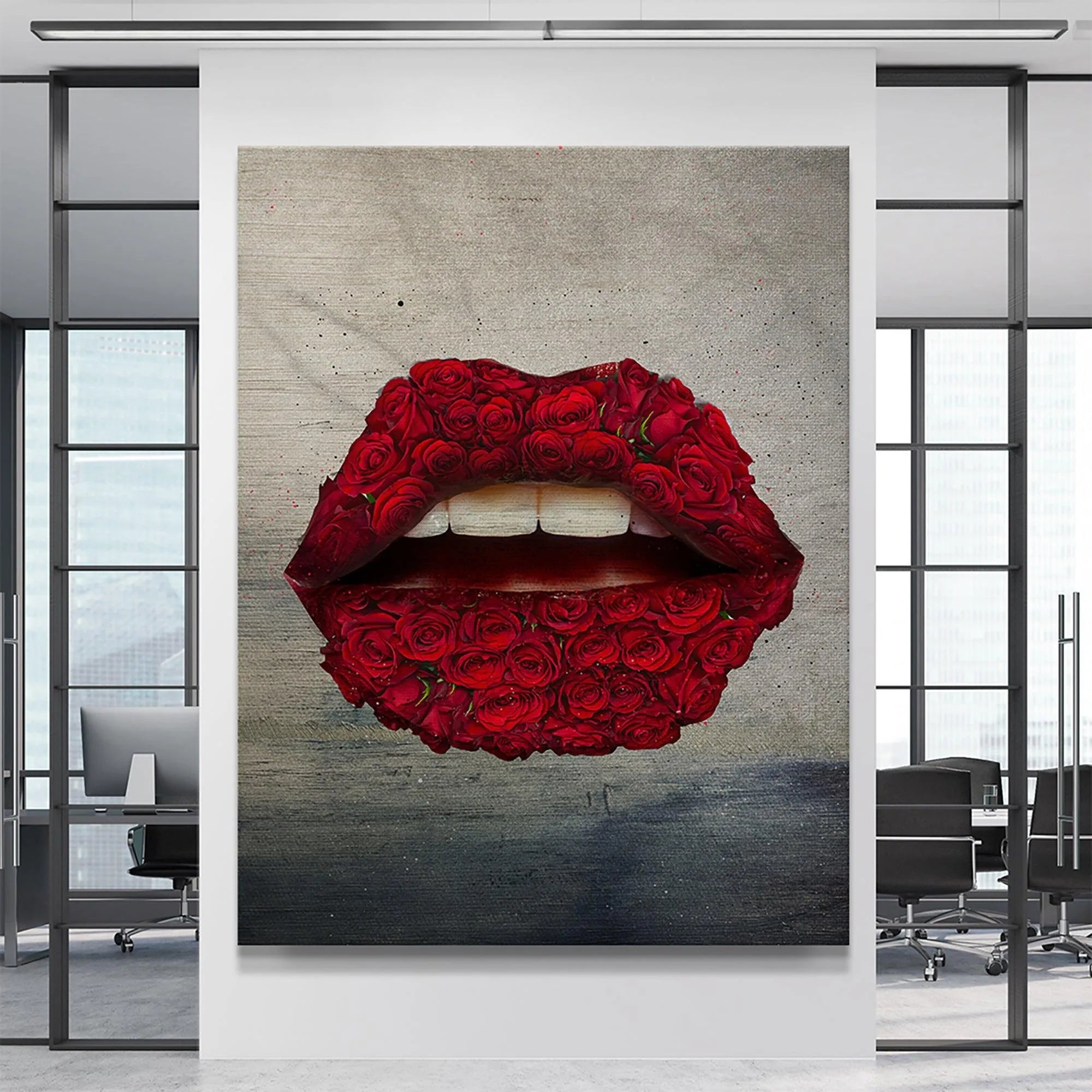 High contrast depiction of 'Rose Lips' focusing on the bright crimson roses against the subtle, distressed gray background.