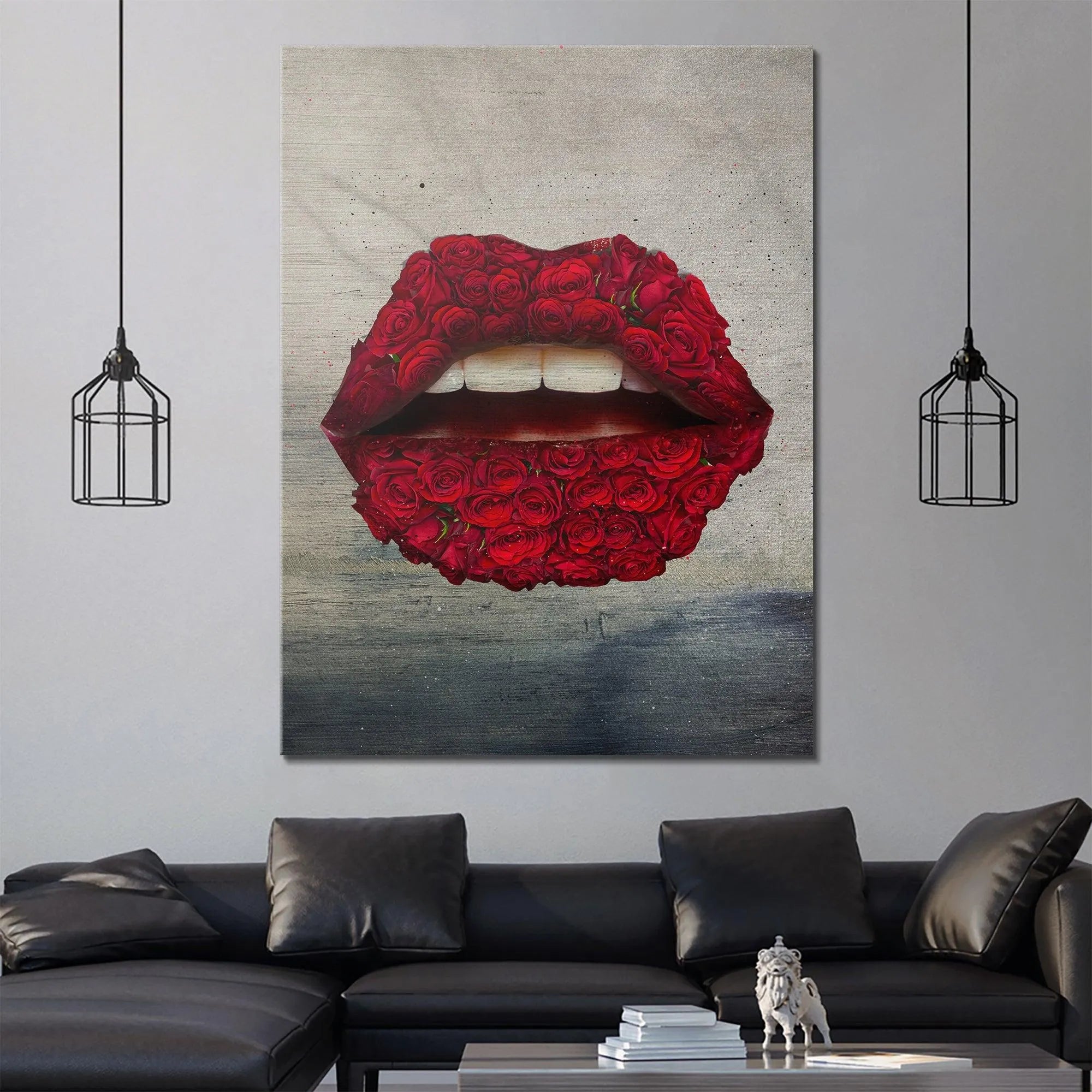 Artistic portrayal of wide-open 'Rose Lips' revealing the white teeth detail within the dramatic red floral structure.