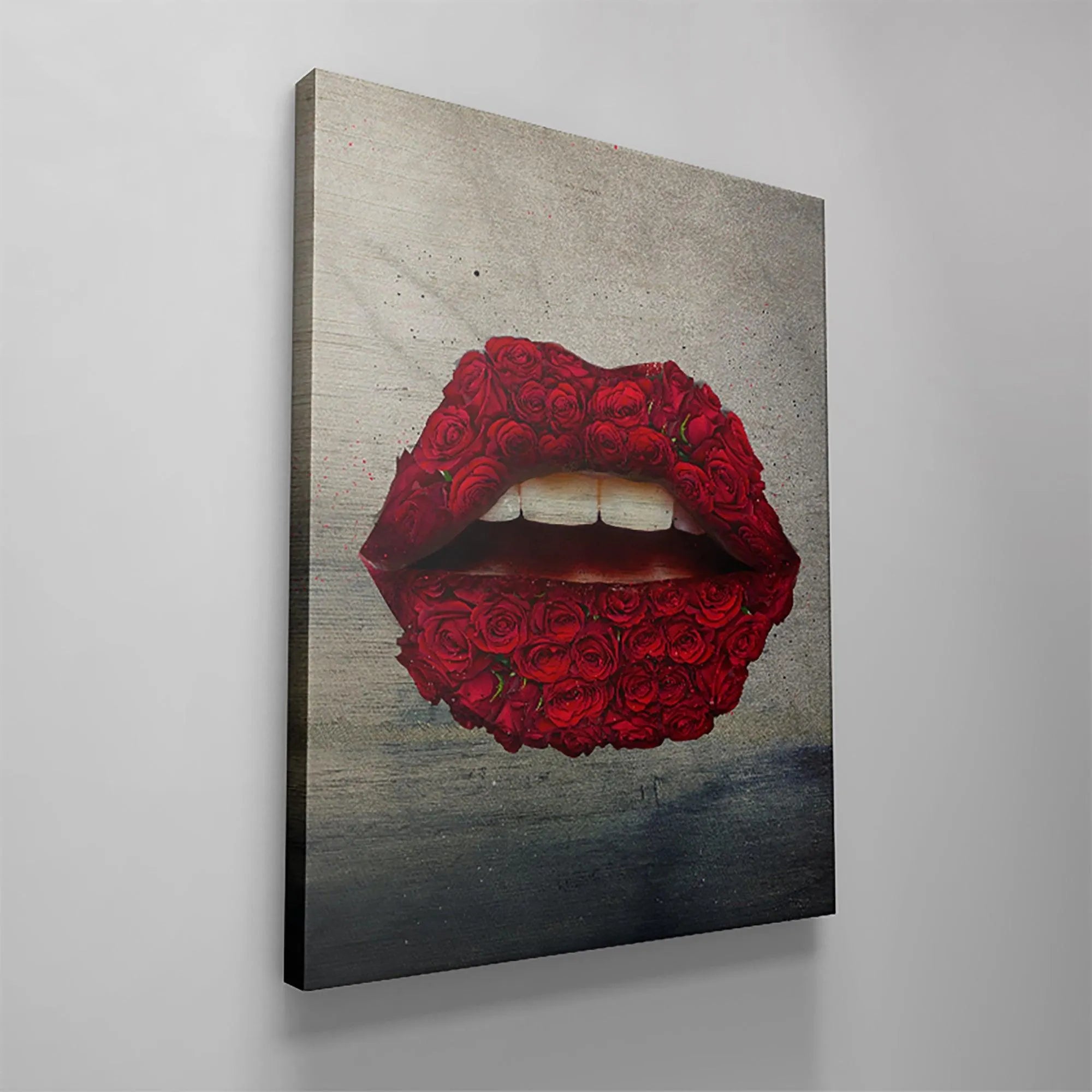 Tilted perspective highlighting the scale and three-dimensional effect of the large format 'Rose Lips' print.
