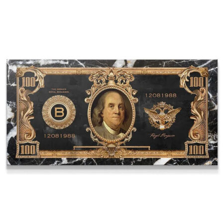 Close-up texture of the black marble background on the Royal Benjamin artwork.