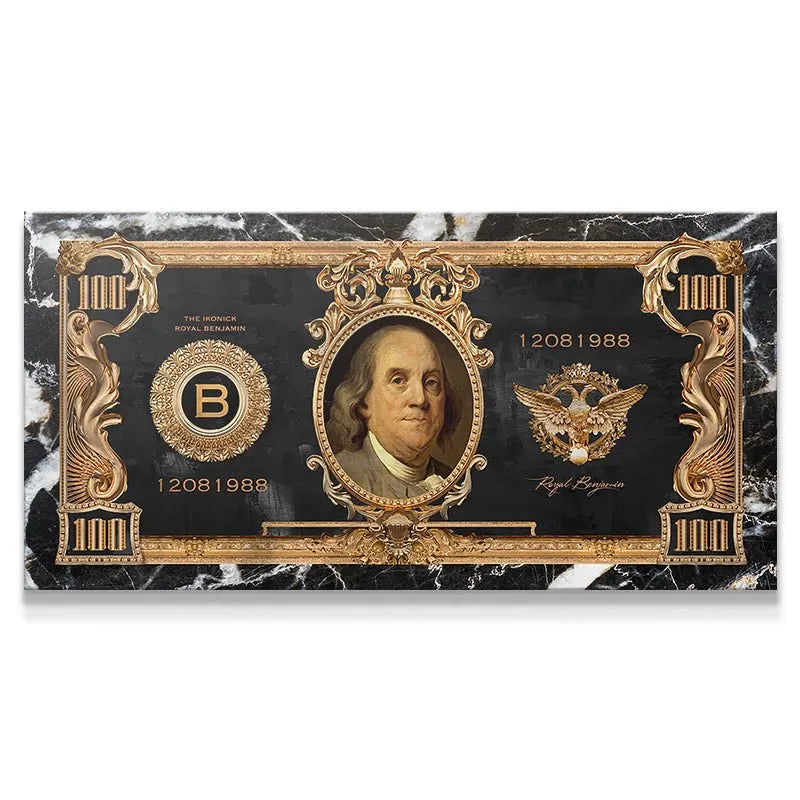 Close-up texture of the black marble background on the Royal Benjamin artwork.