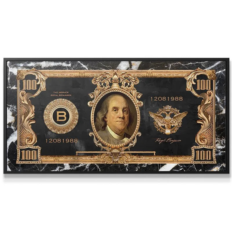 Detailed view of the gold baroque frame surrounding the portrait on the Royal Benjamin canvas.