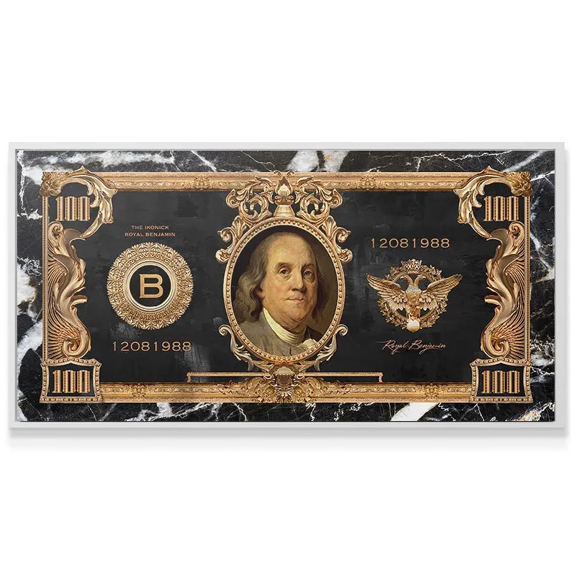 Full frontal shot of the luxurious Royal Benjamin $100 bill reproduction wall art.