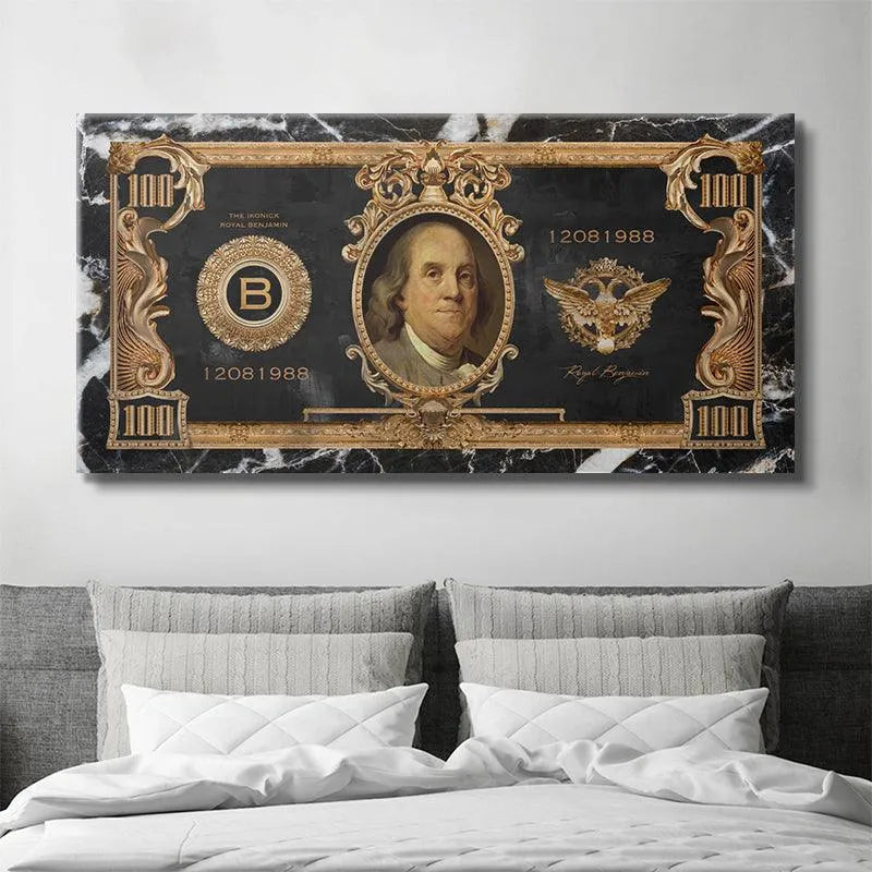 The central portrait of Benjamin Franklin emphasized on the Royal Benjamin print.