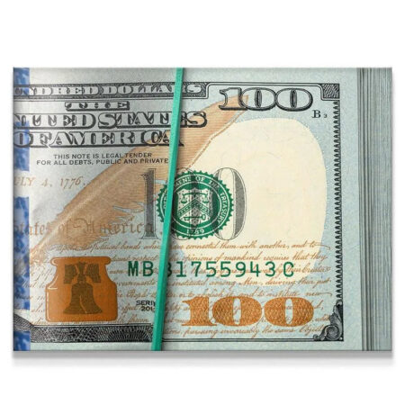 Close-up of $100 bills bound by a green band, emphasizing the security of Rubberband Racks.