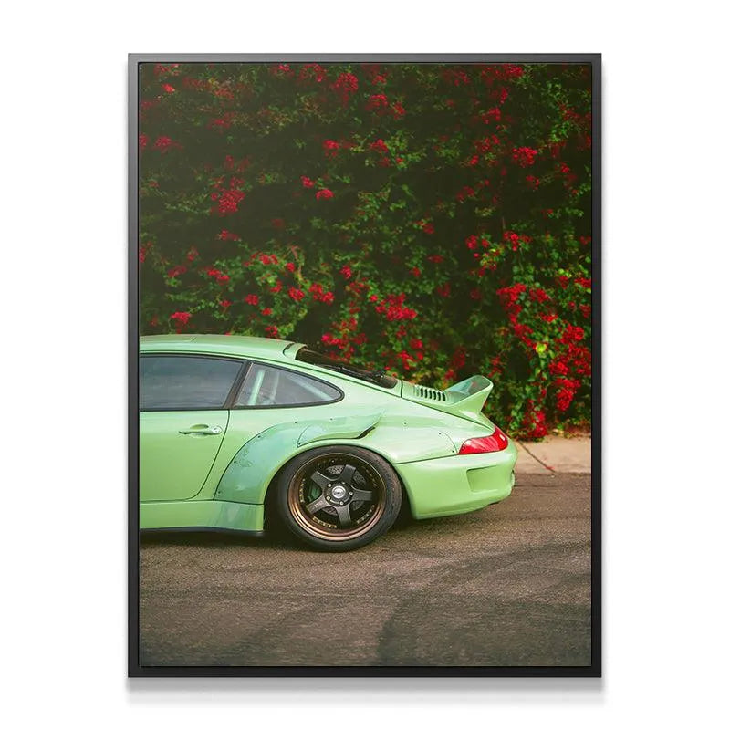Detail shot of the widebody fender flares and tire tread on the iconic RWB Bougainville custom build.