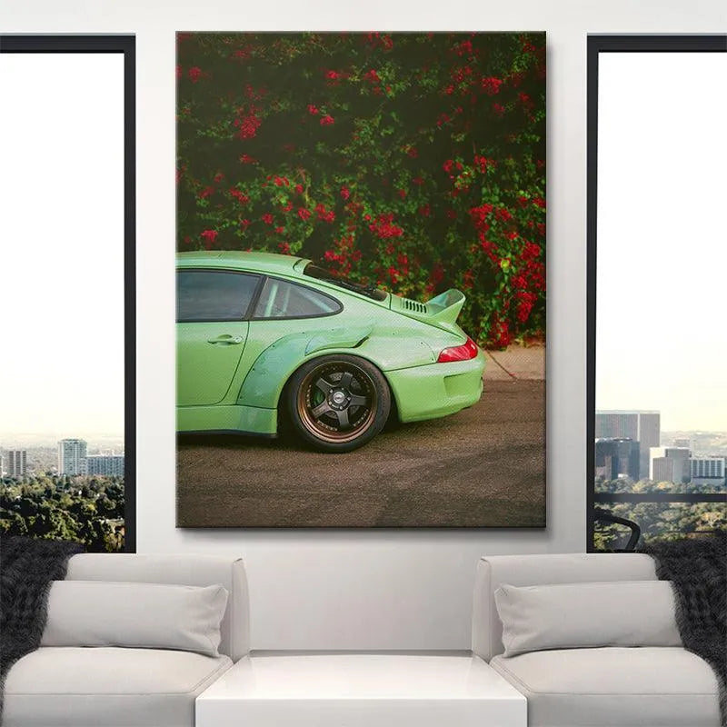 High-contrast image featuring the mint green vehicle and the dense, crimson RWB Bougainville floral backdrop.