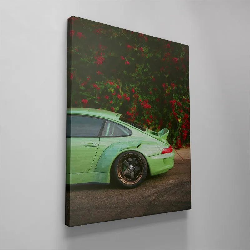 The artistic composition of the RWB Bougainville print, showcasing the rear window and engine venting.