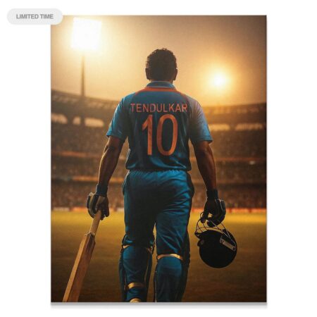 Full view of the limited edition Sachin Tendulkar - Bright Lights print showing the Master Blaster entering a stadium at sunset.