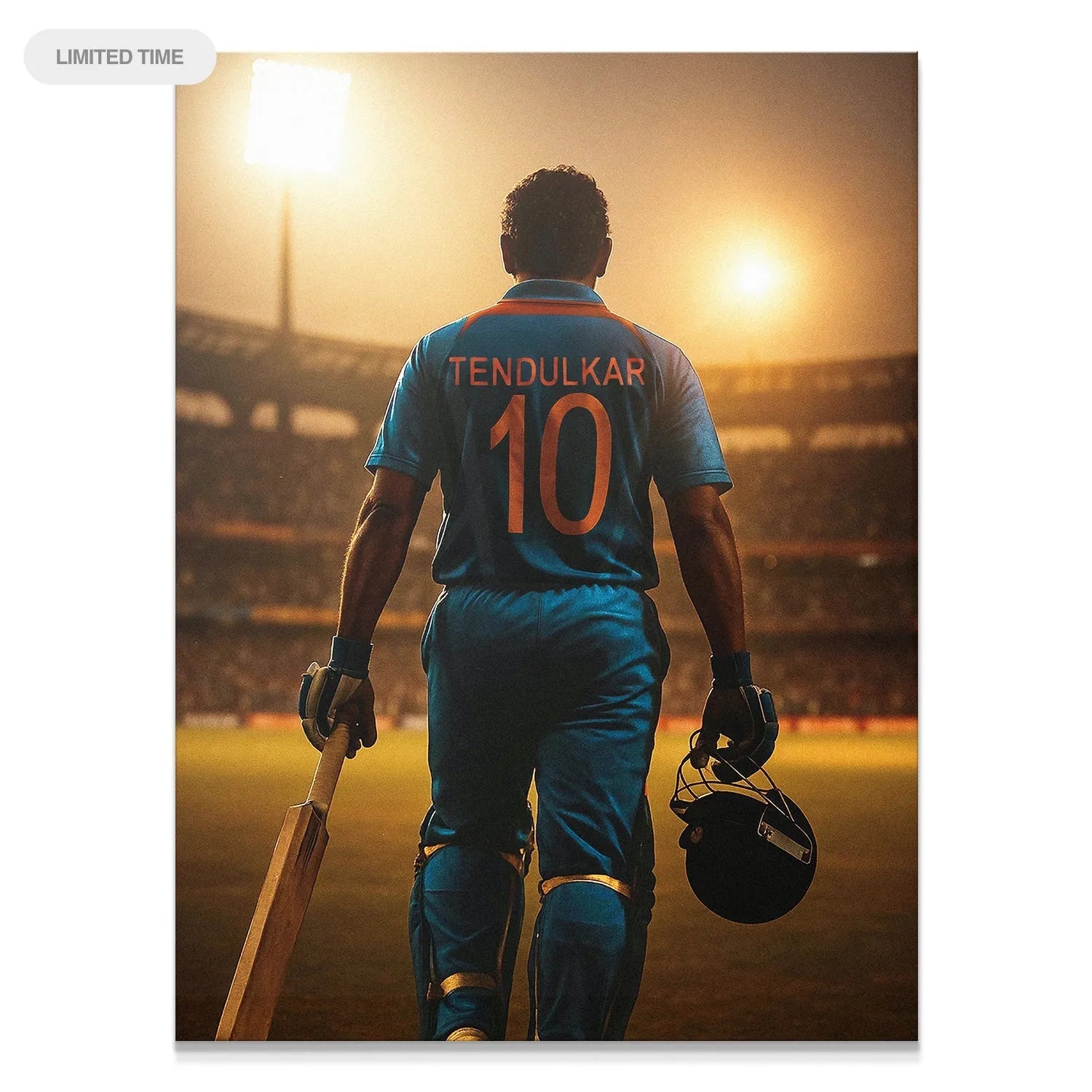 Full view of the limited edition Sachin Tendulkar - Bright Lights print showing the Master Blaster entering a stadium at sunset.