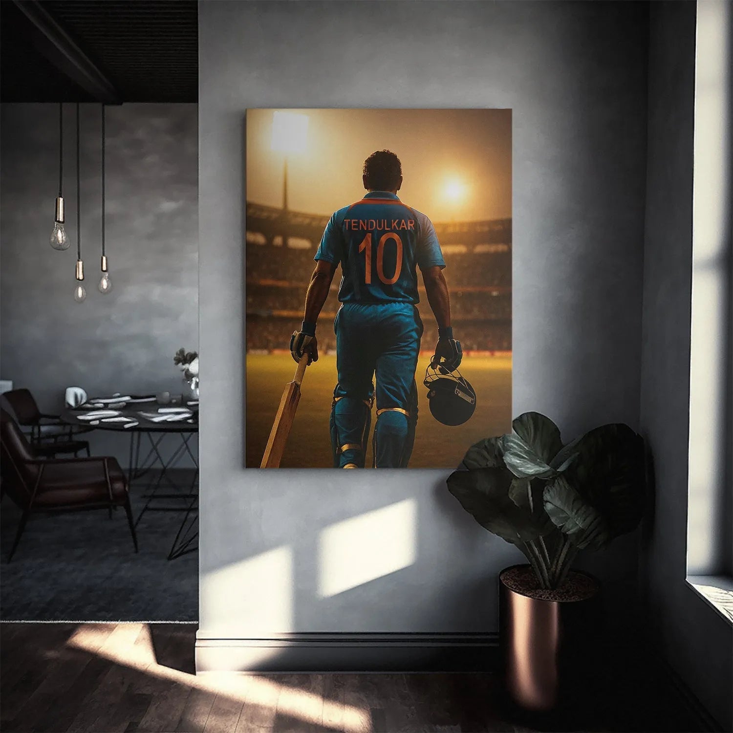 Lighting focus on the golden halo effect from the stadium floodlights illuminating the player in Sachin Tendulkar - Bright Lights.