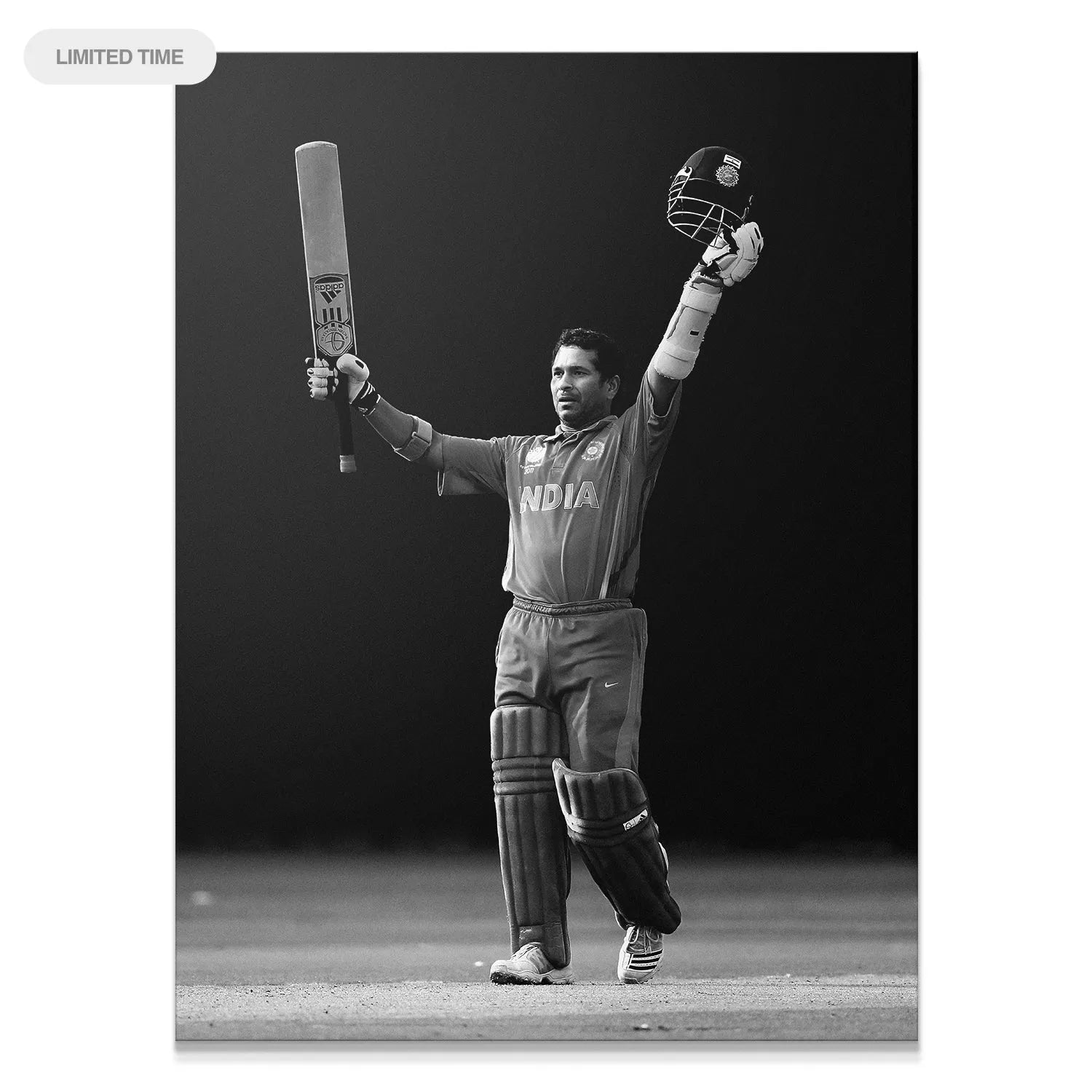 Sachin Tendulkar - Celebrate full action shot in iconic black and white style on the cricket field.