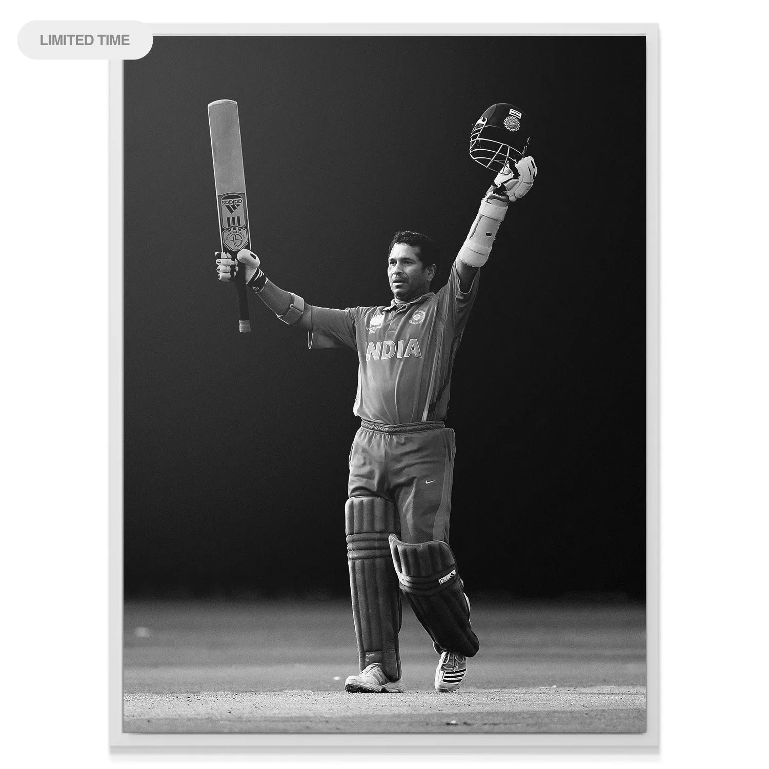 Adidas cricket bat close-up raised in victory during the legendary Sachin Tendulkar - Celebrate moment.