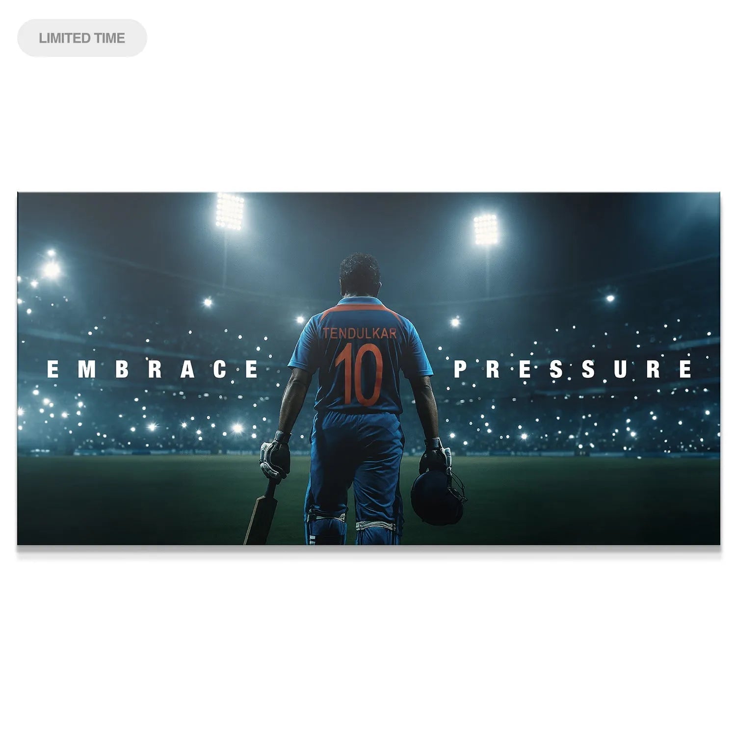 Wide shot of Sachin Tendulkar - Embrace Pressure poster showing the batsman walking onto a massive floodlit cricket field.