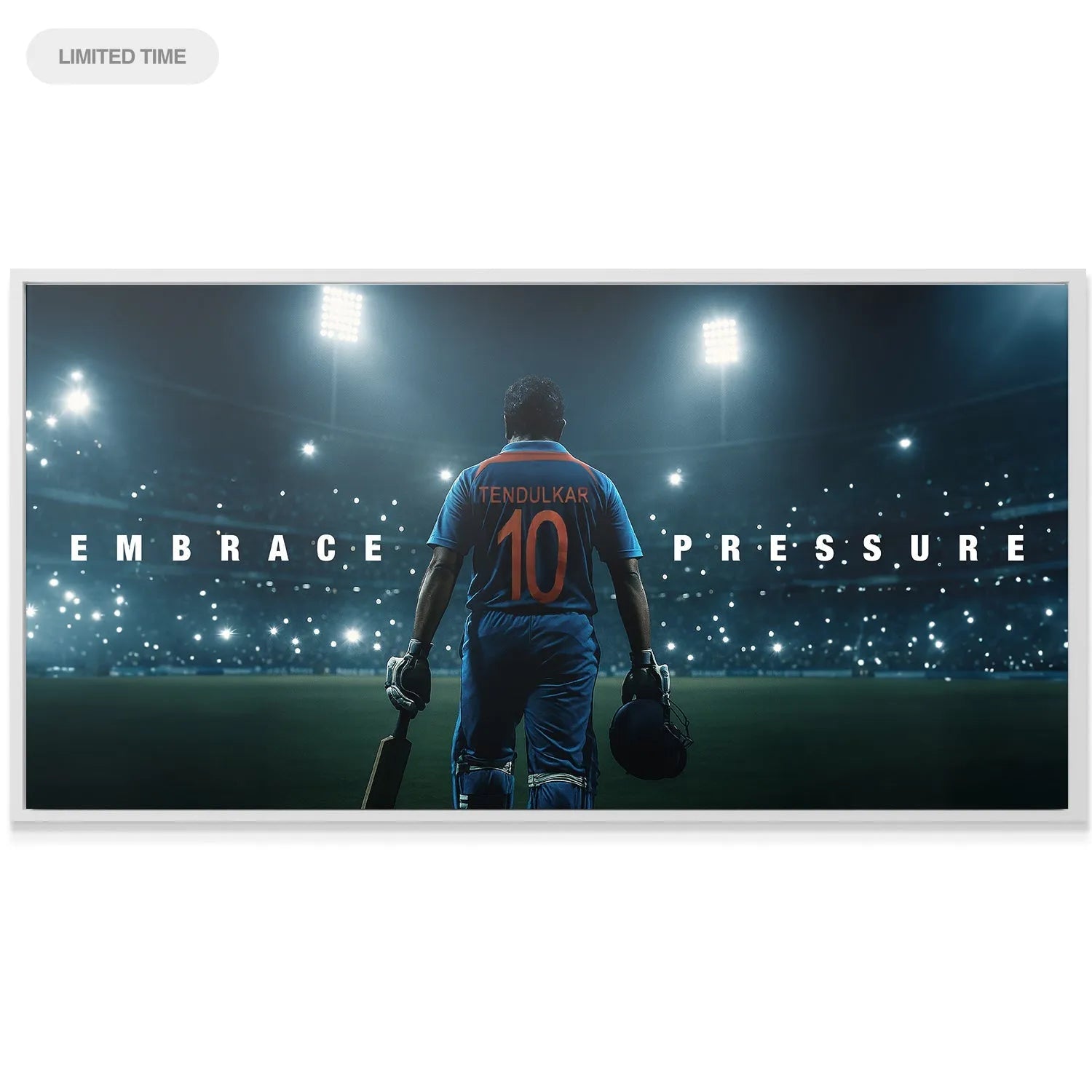 Low-angle view of the player holding a bat and helmet, embodying the theme Sachin Tendulkar - Embrace Pressure under stadium lights.