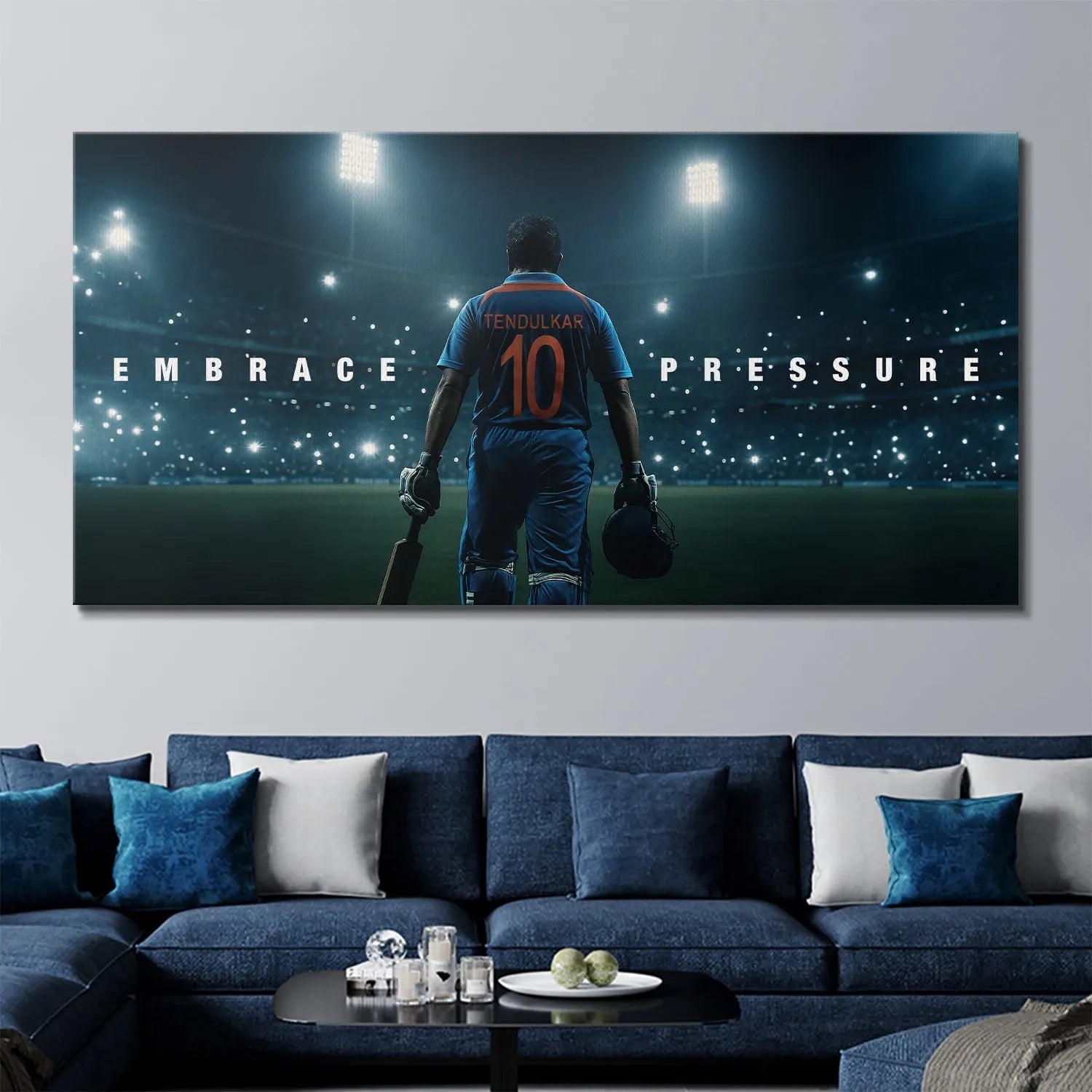 Lifestyle image of the inspirational Sachin Tendulkar - Embrace Pressure canvas mounted above a modern desk setup.