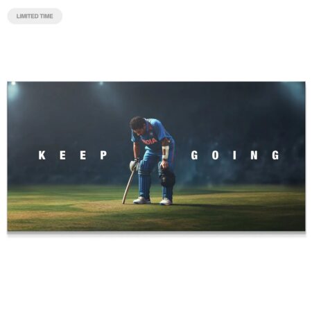 Wide angle stadium view of the Sachin Tendulkar - Keep Going motivational poster showing the turf and lights.