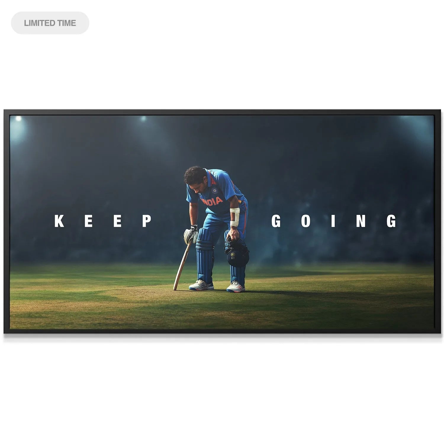Close-up texture detail of the canvas print featuring the iconic blue jersey worn by Sachin Tendulkar - Keep Going.