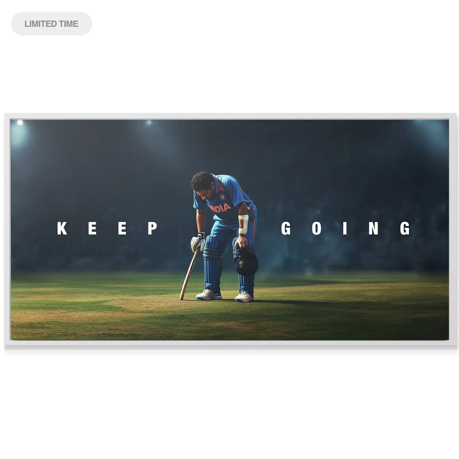 Lifestyle shot of the framed Sachin Tendulkar - Keep Going poster displayed prominently in a modern office environment.