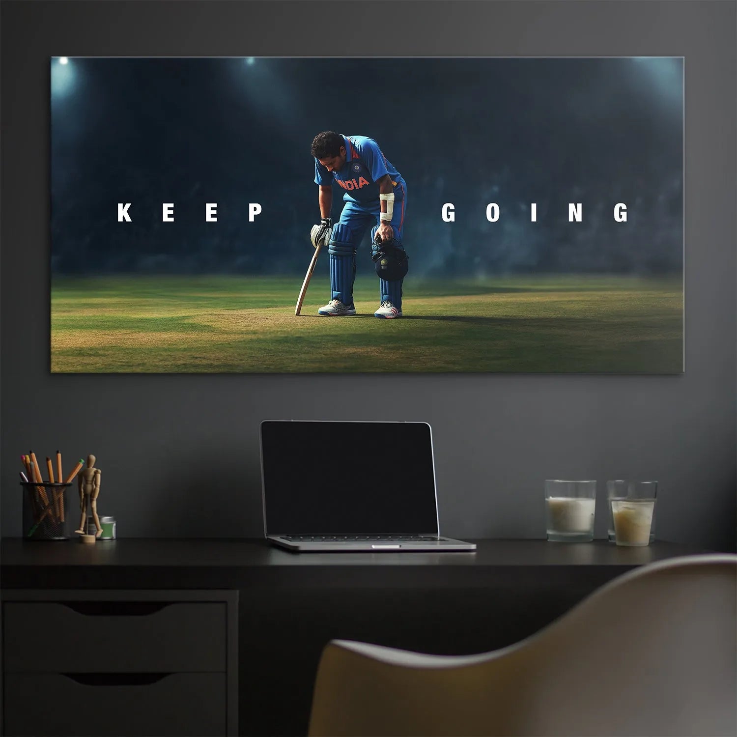Low angle perspective highlighting the intensity and determination of Sachin Tendulkar in the Keep Going image.