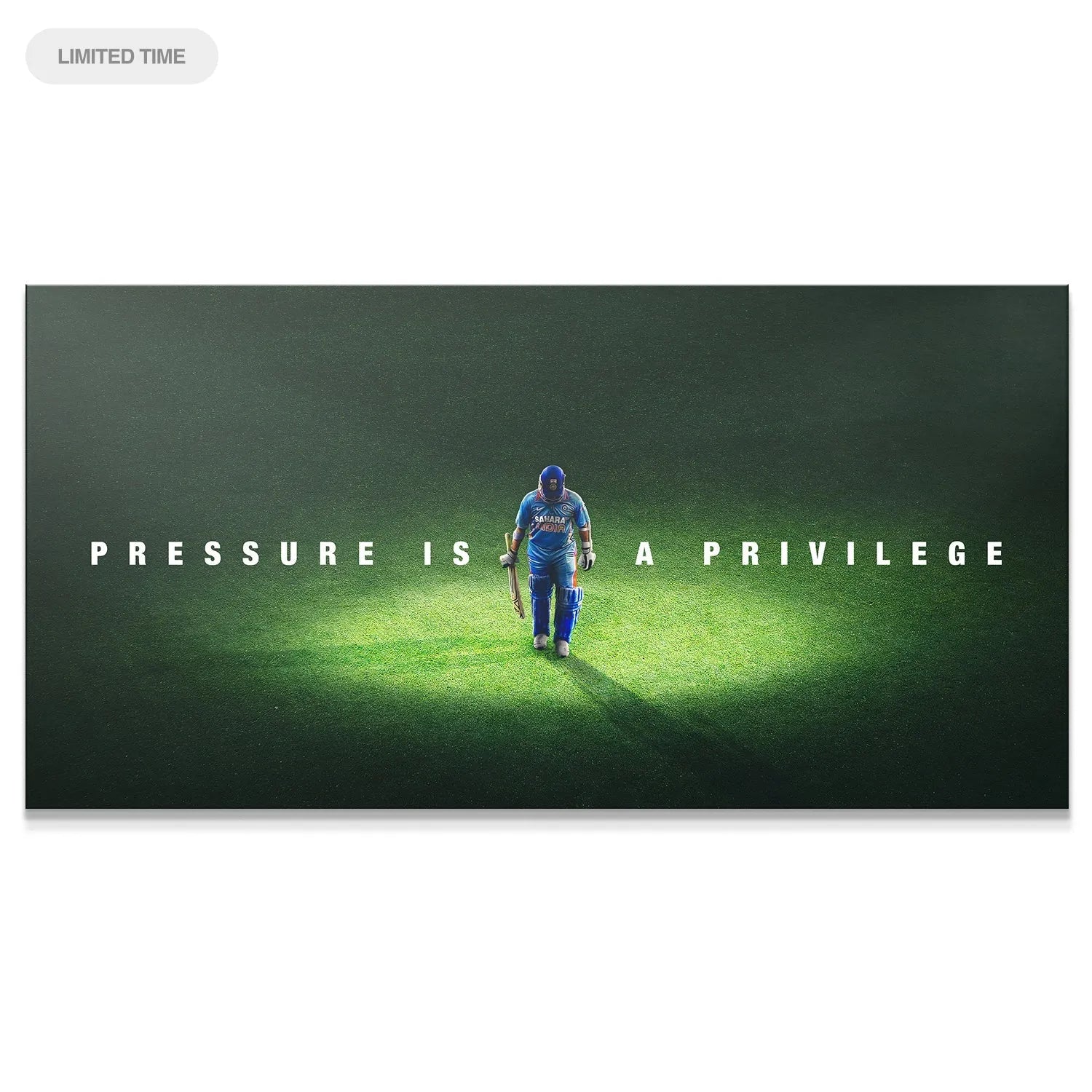 Wide shot of Sachin Tendulkar - Pressure Is A Privilege print, emphasizing the dramatic stadium spotlight effect.