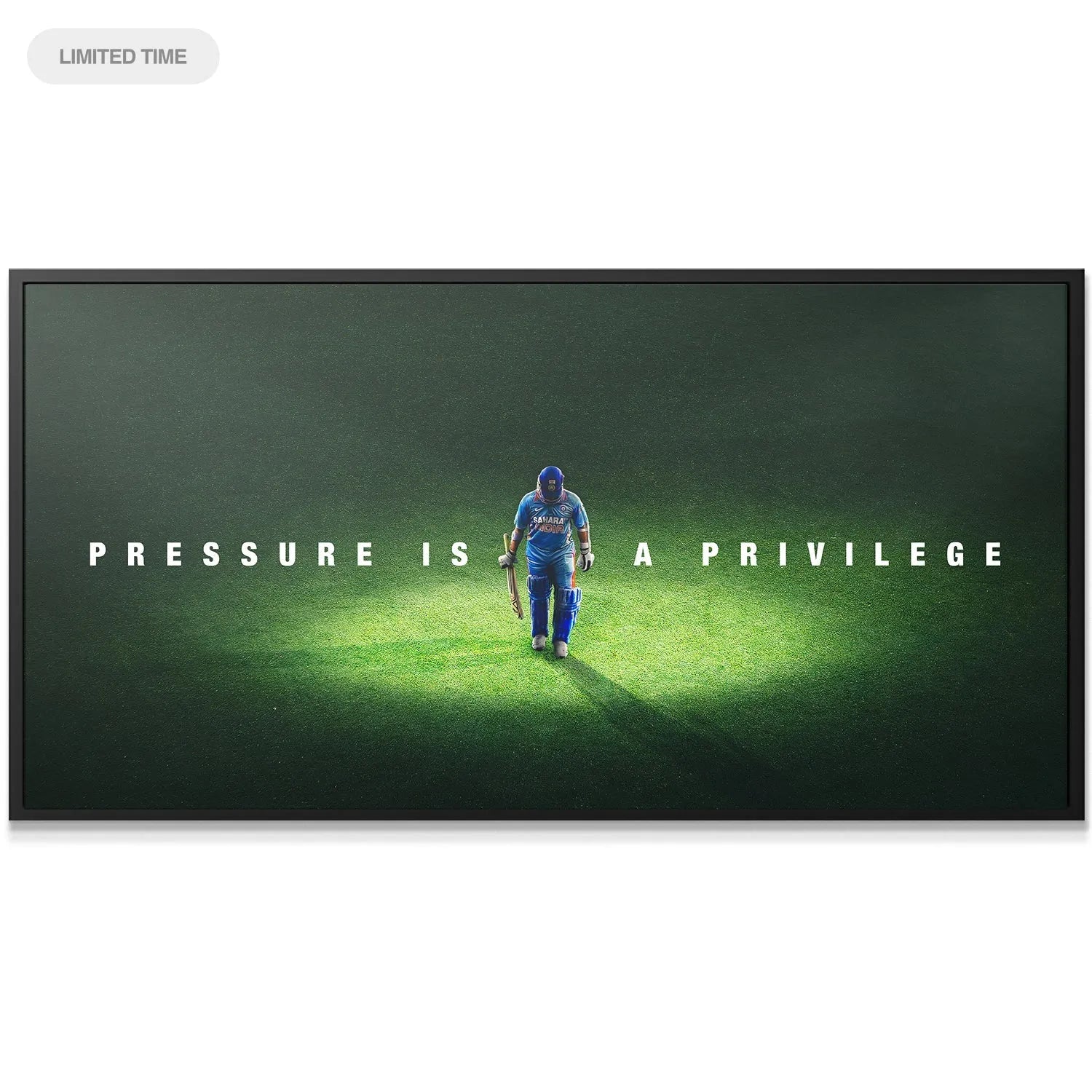 Close-up detail of the textual typography 'PRESSURE IS A PRIVILEGE' on the black and green motivational poster.