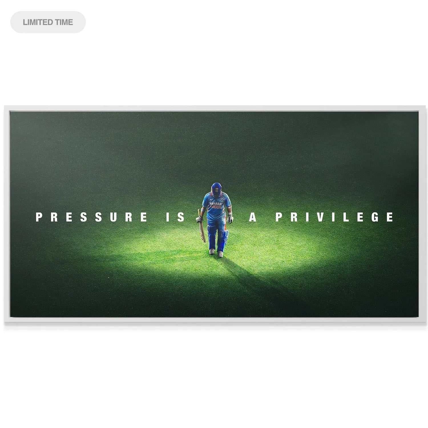 Low-angle view showcasing the texture and deep green field of the Sachin Tendulkar - Pressure Is A Privilege canvas.