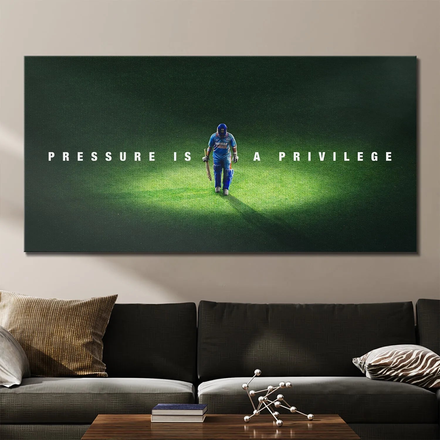 Lifestyle shot of the Sachin Tendulkar - Pressure Is A Privilege wall art displayed above a modern office desk.