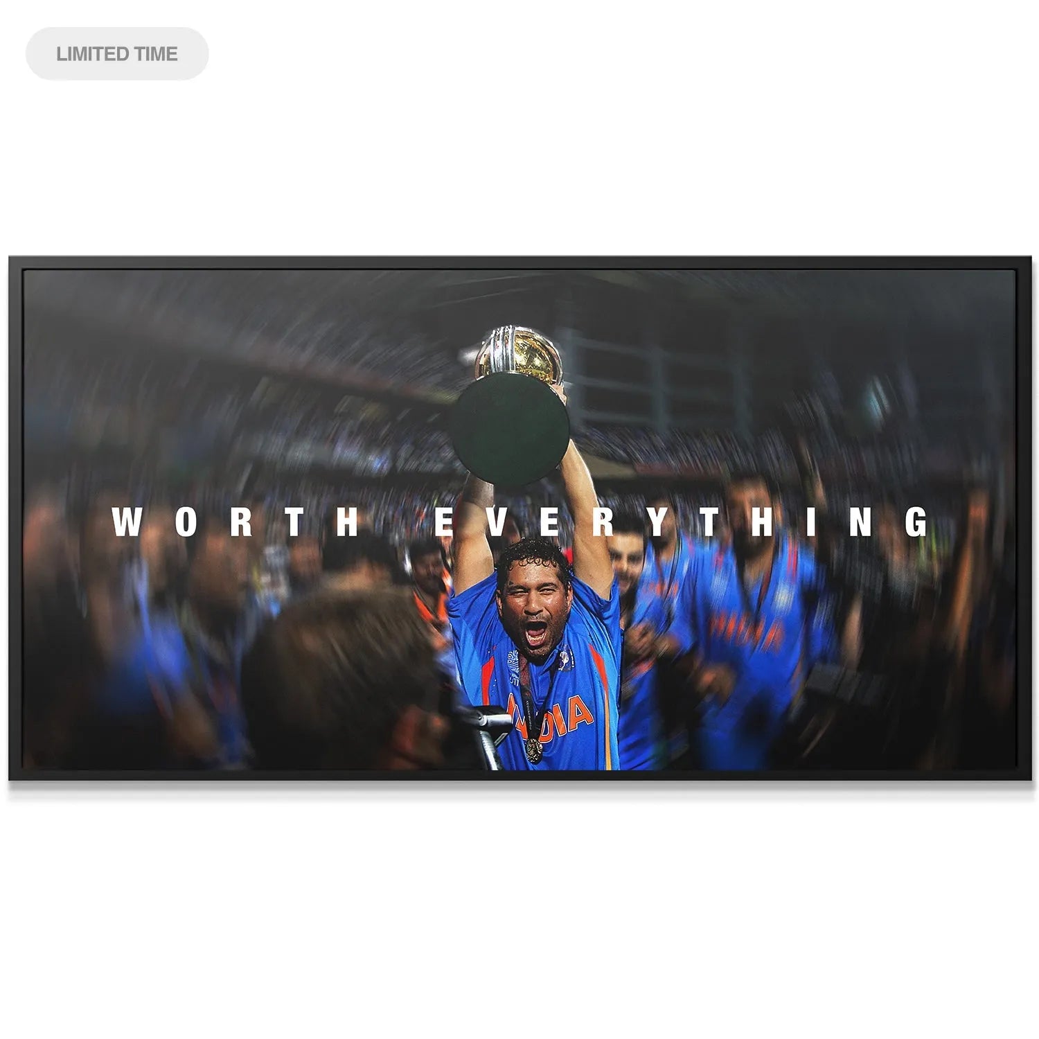 Close-up detail of Sachin's ecstatic face holding the trophy: Sachin Tendulkar - Worth Everything.