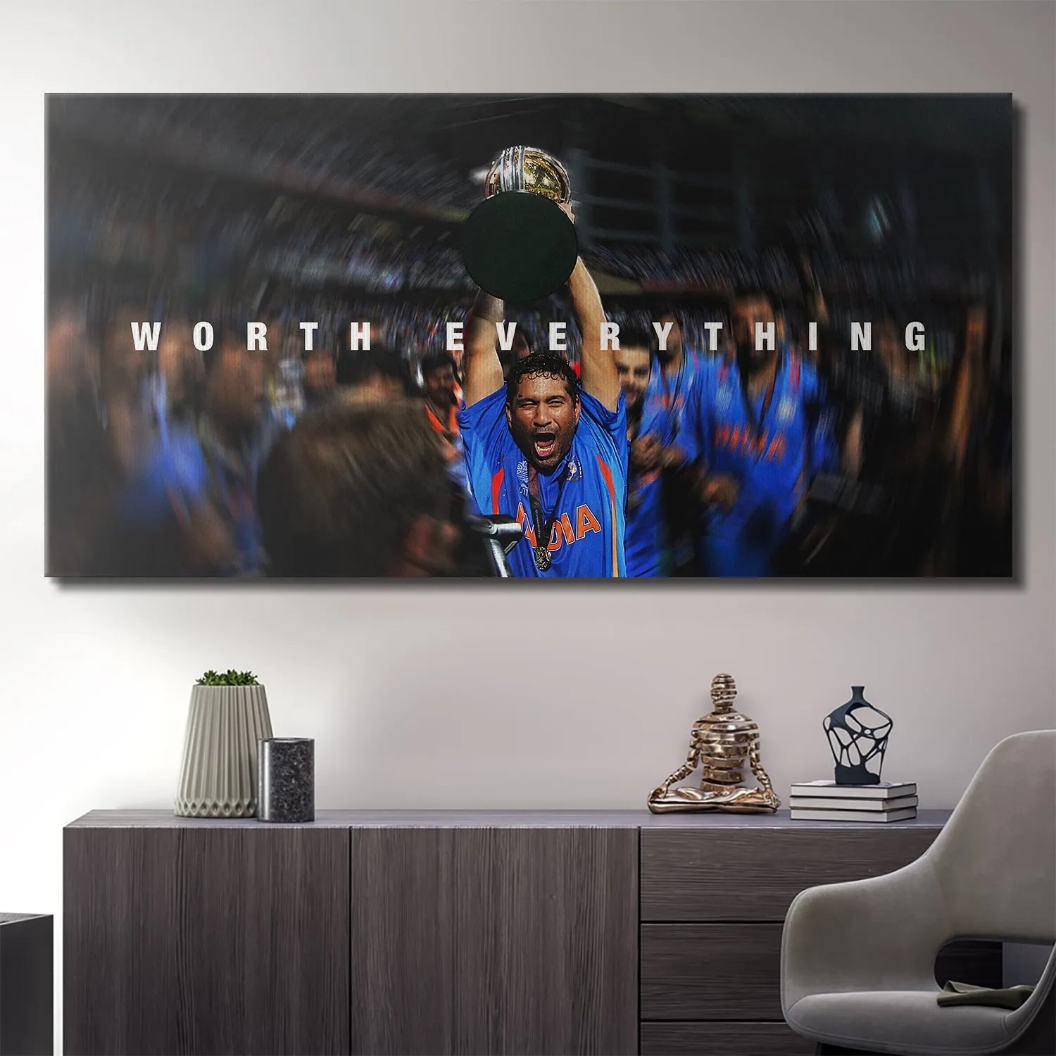 Lifestyle mock-up of the large wall art featuring Sachin Tendulkar - Worth Everything.