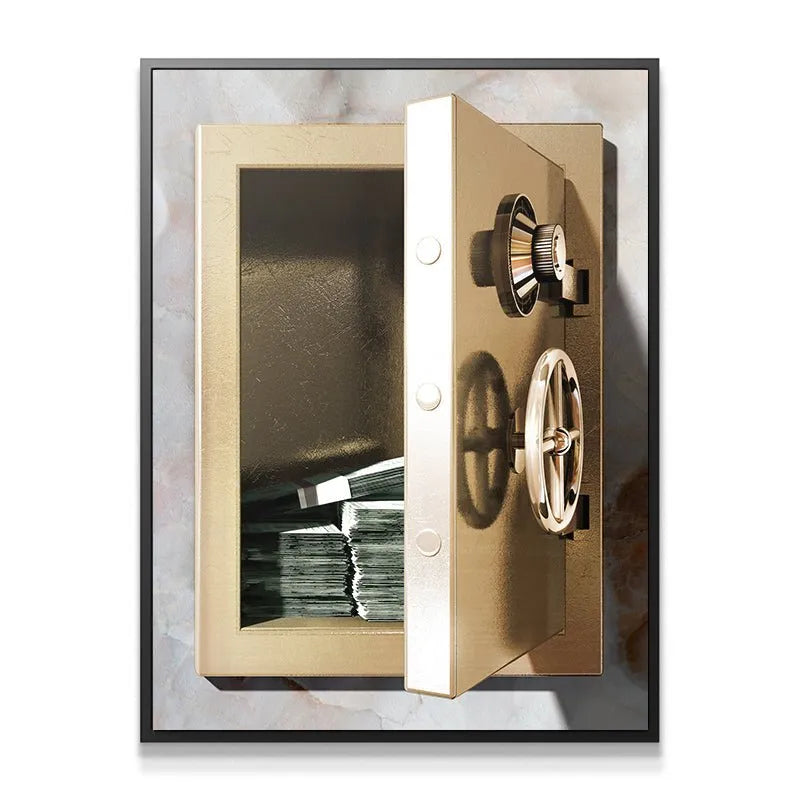 Close-up detail of the combination dial and turning wheel on the Safe Money vault print.