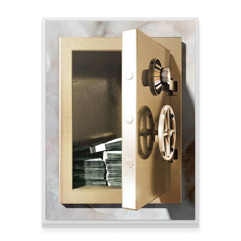 Detailed shot of stacked cash bundles inside the security container art, emphasizing Safe Money.