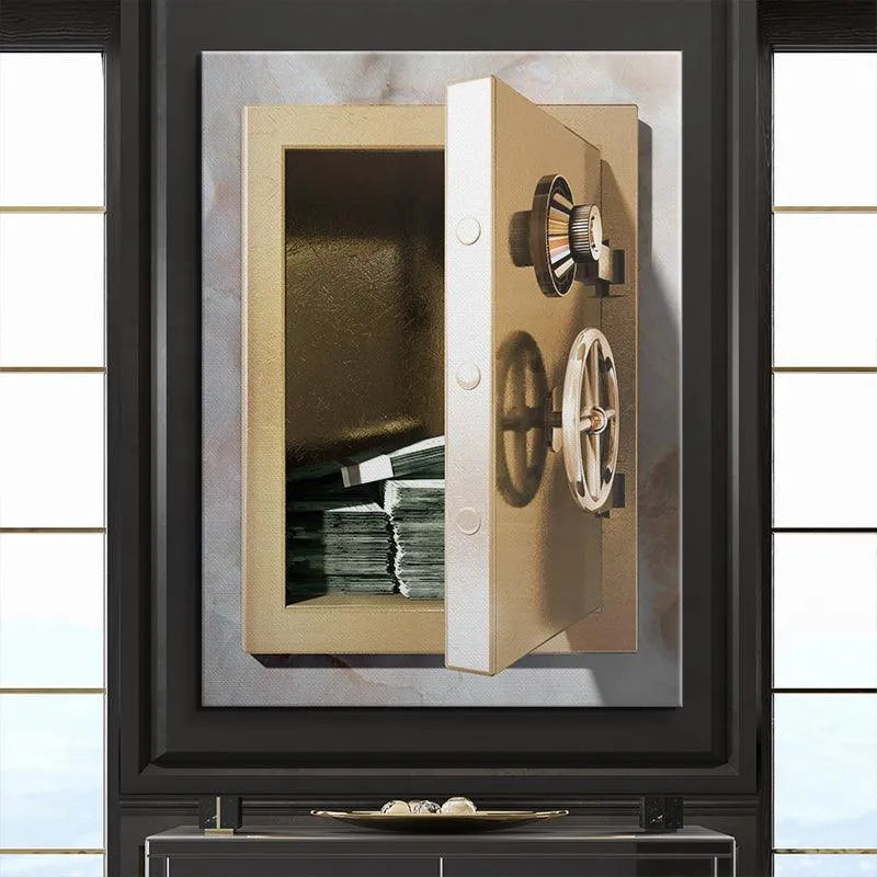 Oblique angle perspective of the bronze texture and marble background of the Safe Money wall decor.