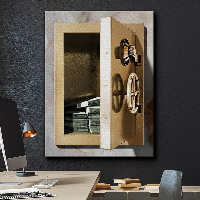 Reflection captured on the polished brass door of the Safe Money high-resolution digital print.