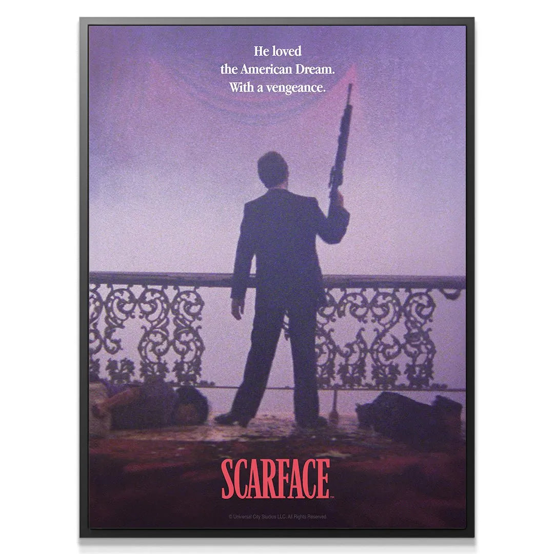 Close-up on the railing and silhouette holding the rifle in the dramatic Scarface - American Dream artwork.