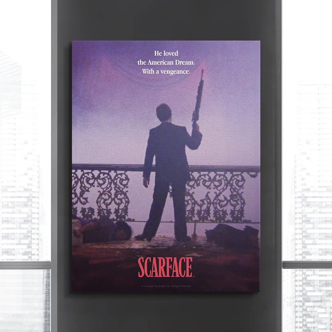 Wide angle view of the dramatic balcony composition featured on the Scarface - American Dream poster.