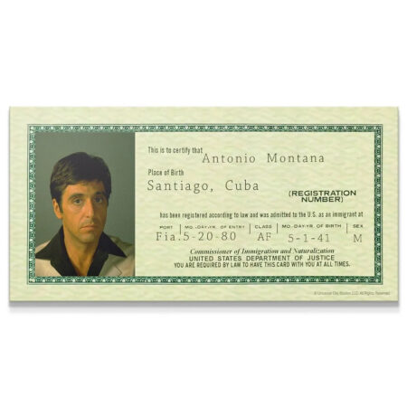 Full overhead view of the Scarface - Antonio Montana immigration card prop replica.