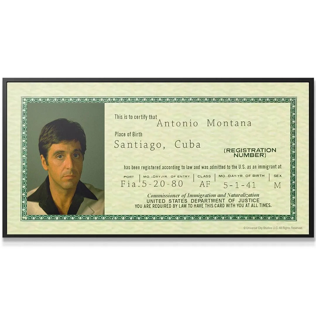 Close-up on the grainy photograph of Scarface - Antonio Montana featured on the ID.