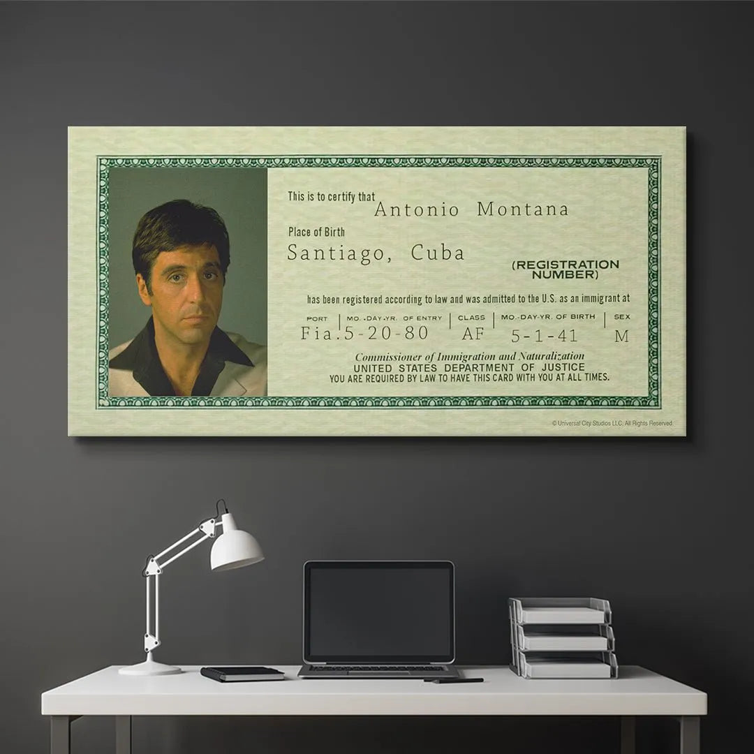 Edge-to-edge depiction of the authentic green ornamental border surrounding the Scarface - Antonio Montana document.