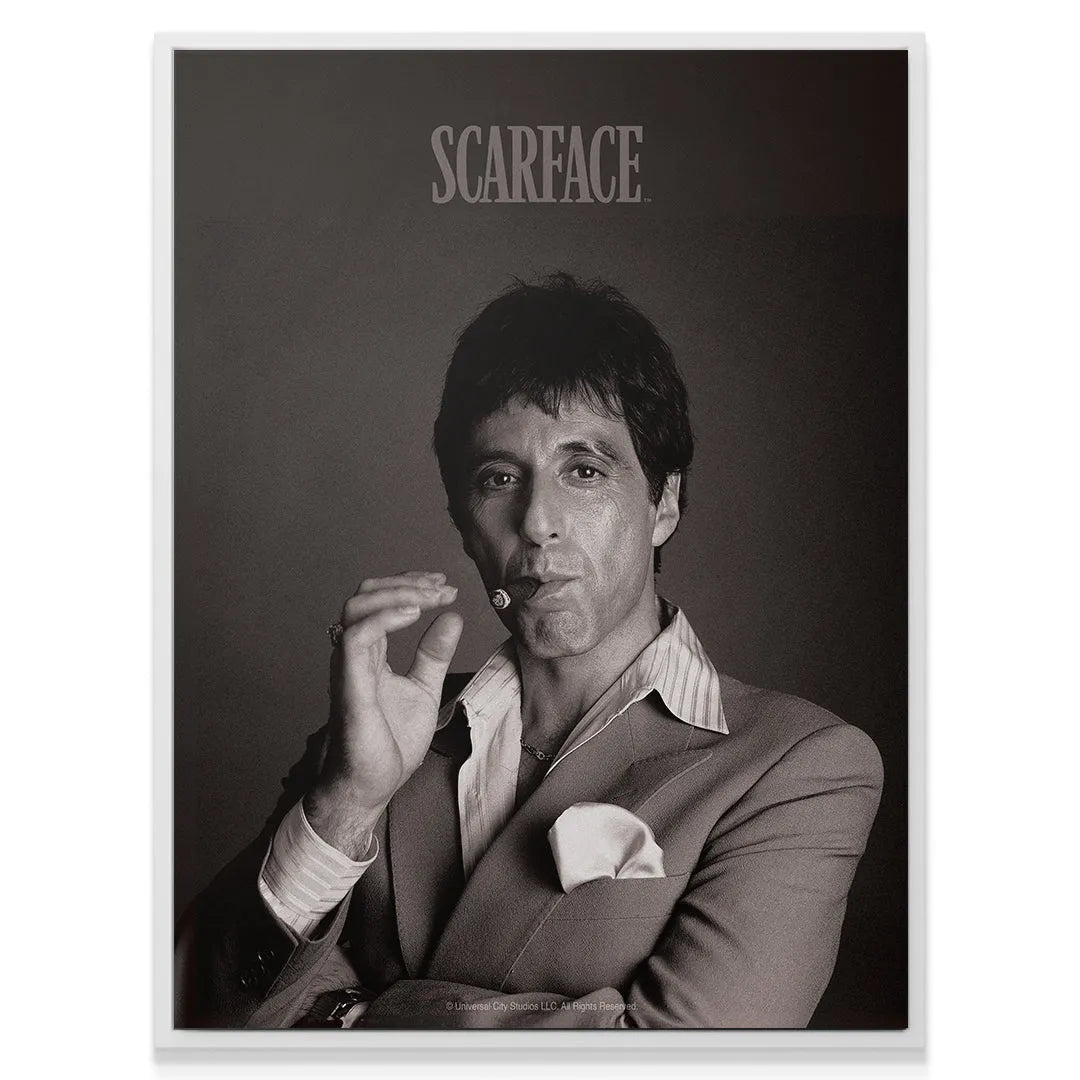 Textured view of the black and white print, showing the suit material and the Scarface - Cigar.