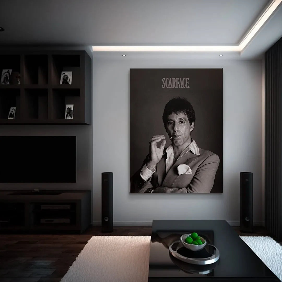 Medium shot of Al Pacino as Tony Montana, emphasizing the hand positioning and the Scarface - Cigar.