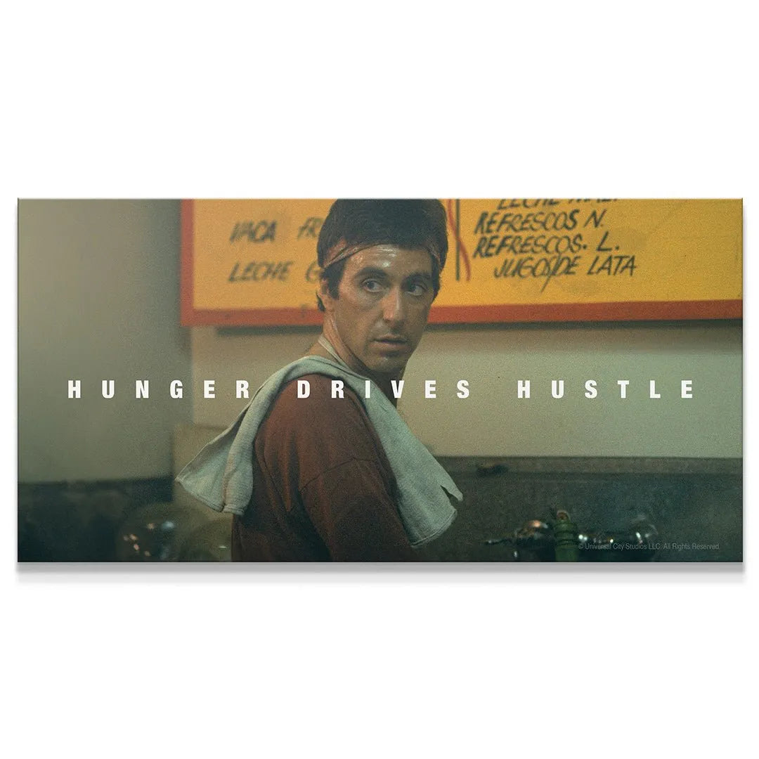 Close-up portrait of Al Pacino as Tony Montana in the 'Scarface - Hunger' scene, showing his intense expression.