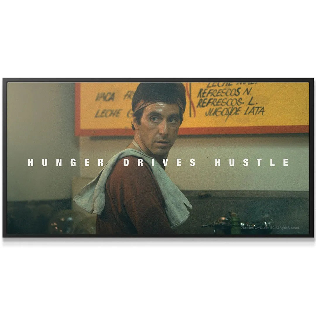 Wide angle shot of the 'Scarface - Hunger' artwork with the "Hunger Drives Hustle" text overlay clearly visible.