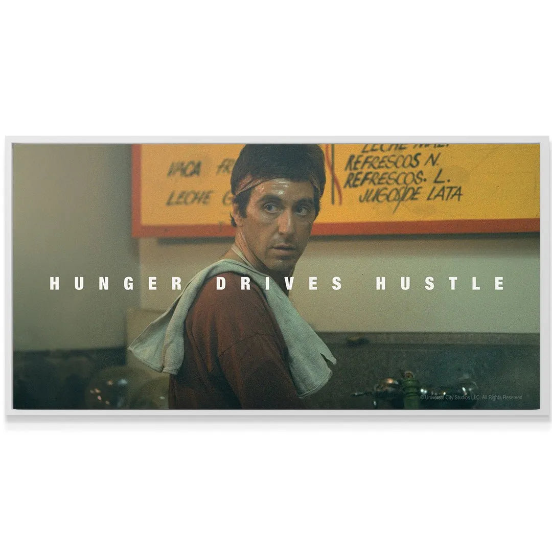 Vibrant cinematic color grading detail in the 'Scarface - Hunger' poster capturing the early 1980s aesthetic.