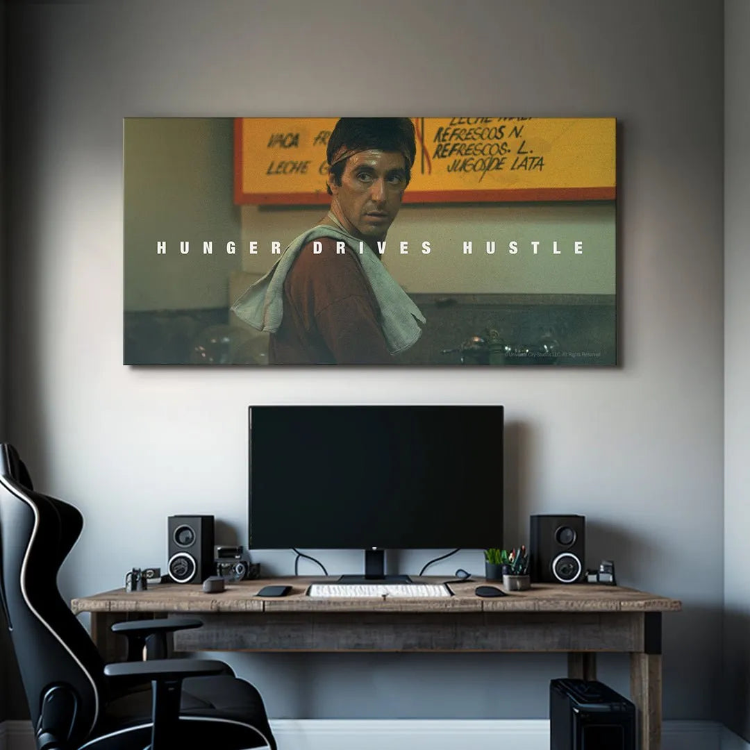 Lifestyle view of the rectangular 'Scarface - Hunger' canvas displayed on a dark wall.
