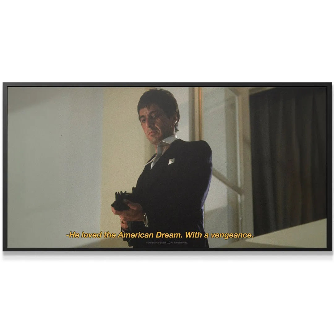 Horizontal canvas print showing Tony Montana holding a gun indoors: Scarface - Love.