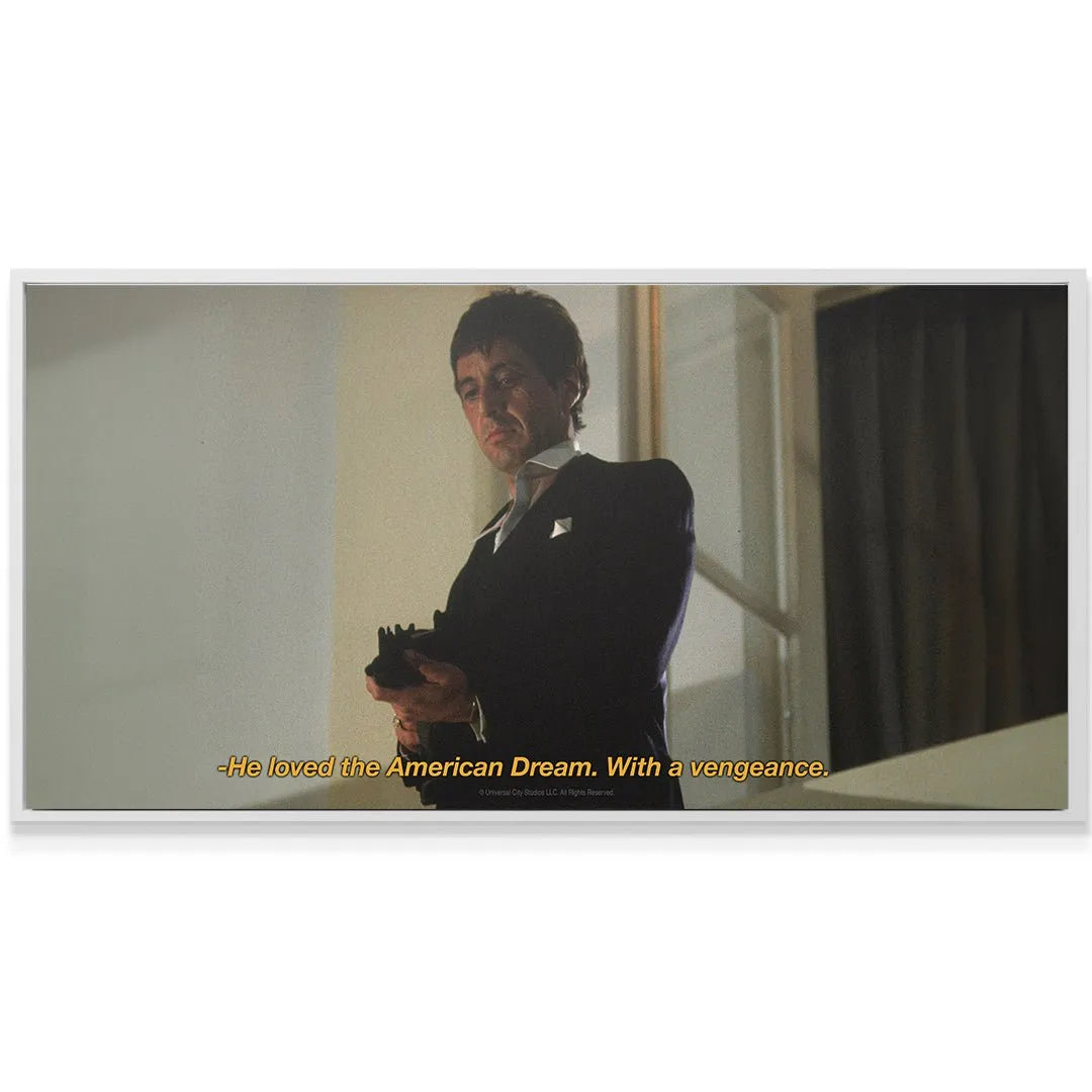 Wide shot of the dramatic film still highlighting the quote typography: Scarface - Love wall art.