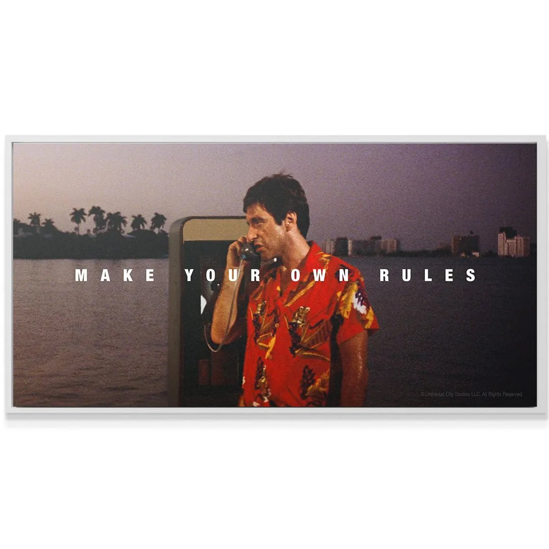 Texture representation: Grainy, vintage film aesthetic visible on the 'Scarface - Make Your Own Rules' movie print.